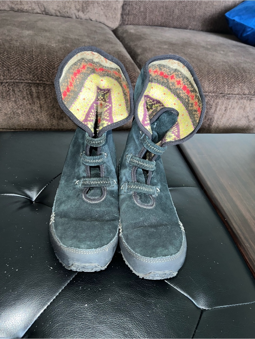 Dark Grey Suede Women's Ankle Boots with Patterned Liner